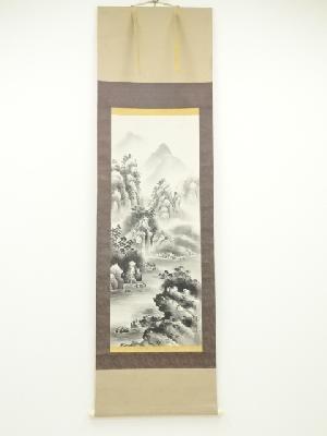 秀峰筆　水墨山水　肉筆絹本掛軸（保護箱）